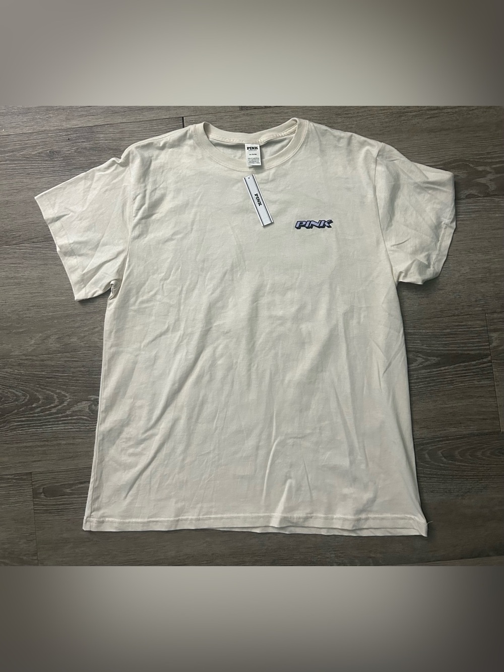 PINK Victoria's Secret Off-White Tee with Small Navy Logo